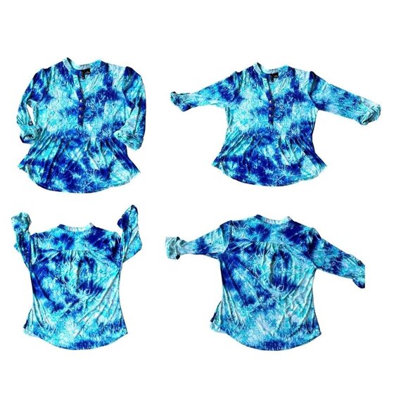 New Directions Tunic Top PM Petite Medium Blue Tie Dye Roll Tab Sleeves … - Picture 6 of 12
